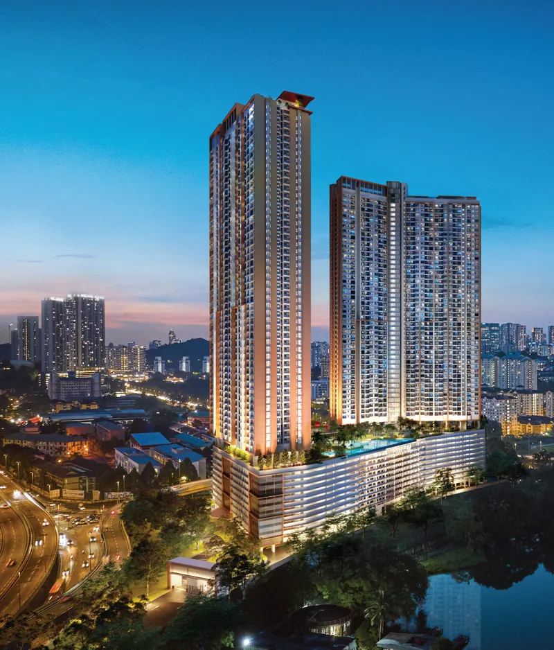 Developer rendering: the two Skyline Kuchai towers at dusk