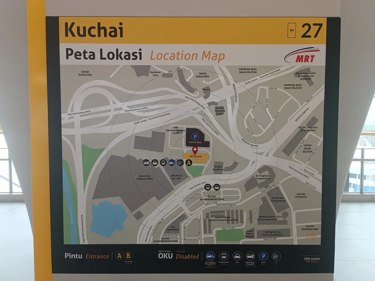 Peta lokasi stesen MRT Kuchai: Pintu Masuk A, park and ride, Far East Residence, kilang Ajinomoto, MEX dan Lebuhraya KL–Seremban